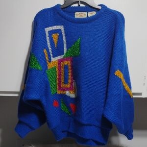 RARE! Alfredo Moro Blue Sweater W Colorful Geometric Glittery Design (A-71)